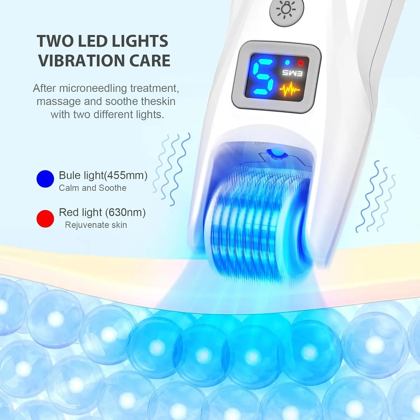 Kit professionnel de micro-aiguilles Derma Roller, EMS avec 2 lumières LED pour les rides, les cicatrices, la perte de cheveux, les soins de la peau